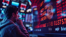 man looking at screen Bitcoin ETF, Exchange-traded fund, and cryptocurrencies concept on virtual screen.