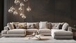 Large sofa in a modern contemporary living room with an artistic chandelier. 3d renders of big and comfortable living room interiors.