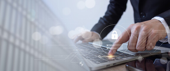 Poster - Cyber security protect business transaction from online digital cyber attack.Businessman using laptop login username and password identity on virtual screen.