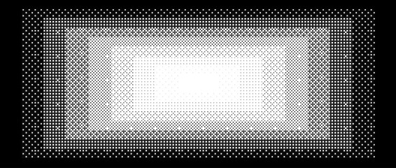 Wall Mural - Pixelated gradient rectangle frame. Black dithered central gradation texture. Retro bitmap game background. Halftone 8 bit wallpaper. Vintage rectangular pixel art border. Vector vanishing backdrop