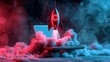 3d render rocket launch on computer laptop. new business start-up ideas. learning knowledge creativity. business success concept. 3d rendering illustration cartoon minimal style.