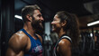 As they exit the gym, a happy athletic couple shares a moment of triumph, their bodies glistening with sweat and adrenaline, the sound of upbeat music spilling out from the gym doors.