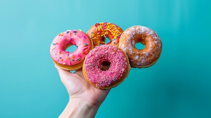 Wall Mural - A hand is holding four donuts, one of which is pink