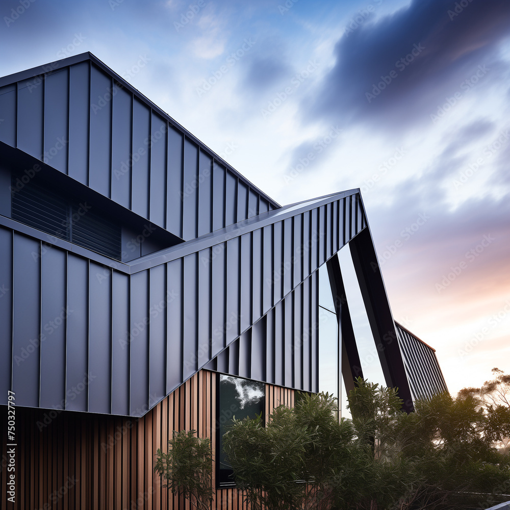 standing seam roof architecture, modern, building, design, geometric, angular, facade, residential, house, contemporary, lines, metal, cladding, windows, reflection, sky, clouds, sunset, dusk
