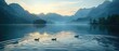 Ducks swim at dawn on a still mountain lake, their ripples breaking the perfect reflection of the awakening sky. The gentle scene echoes the serene start to a new day in the wilderness