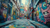 Fototapeta Fototapeta uliczki - A picture of a narrow alleyway adorned with colorful graffiti. This image captures the vibrant and urban atmosphere of street art. Generative AI illustration 
