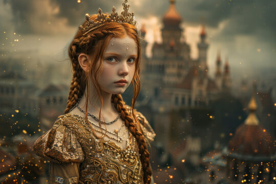 A girl with red hair dressed like a queen with braids in a golden rich dress and a golden crown