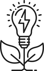 Sticker - Eco power of nature icon for green energy, electricity light bulb lamp and leaf, line vector. Green energy and renewable natural source of electric power, sustainable technology symbol in outline