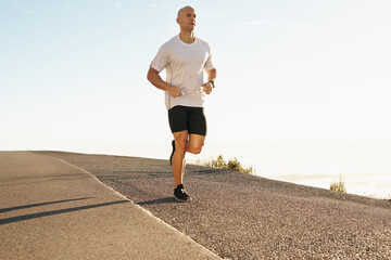 Poster - Man, running outdoor and fitness in street, cardio and health in park with fresh air and training for marathon. Sports, exercise with athlete or runner with workout, wellness and endurance in city