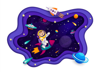 Poster - Galaxy space paper cut banner with kid astronaut on rocket, UFO and planets landscape, cartoon vector. Kid spaceman on spaceship on galactic travel to stars, outer space and starry sky with asteroids