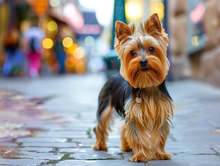 Yorkshire Terrier with glossy, fine fur and a lively expression, in a chic urban setting