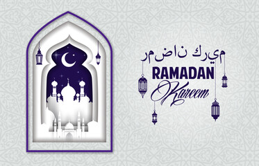 Wall Mural - Ramadan Kareem Eid Mubarak paper cut holiday banner with mosque arabian arch window and crescent moon. Ramadan greeting, muslim religious or arabic celebration paper cut vector cover or banner