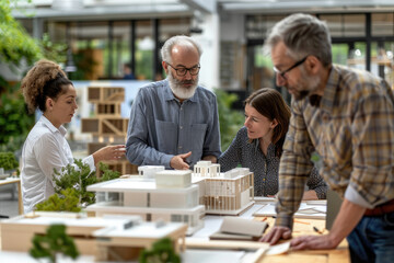 Wall Mural - Group of an architect gather around and discussing about an architecture model together