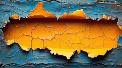  a blue and yellow wall with peeling paint and a hole in the middle of the wall that has been painted yellow and blue and has a yellow strip of paint on it.