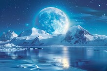 A Large Blue Moon Is In The Sky Above A Snowy Mountain Range