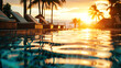 © praewpailyn - The tranquil waters of a resort pool reflecting the captivating hues of a tropical sunset, offering an oasis of calm