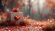 a gift box with a heart on it sitting in the middle of a field with red flowers and a red bow on top of it, surrounded by falling leaves.