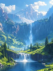 Wall Mural - A beautiful mountain landscape with a waterfall and a river