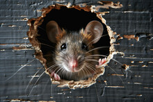 Head Of A Mouse Seen Through A Hole Representing Rodent Infestation At Home