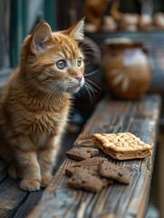 Poster - A cat is looking at a plate of cookies