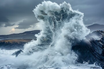 Wall Mural - A large wave is crashing into a rocky shore