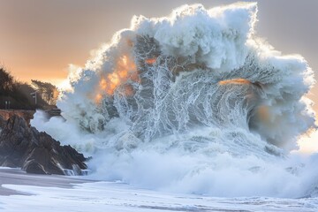 Wall Mural - A huge wave is crashing on the shore, with the water reaching up to the rocks