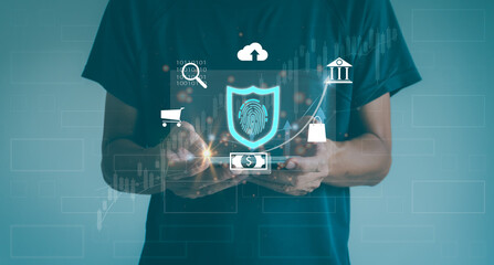 Fototapete - Businessmen use smart phones, Internet connections and big data search to find trading ideas through fingerprint scanning identification security technologies. shopping, financial and investment
