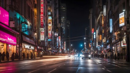 Canvas Print - A bustling city street at night, captured in a long exposure photograph, where the lights of moving cars blur into vibrant streaks against a dark backdrop Generative AI