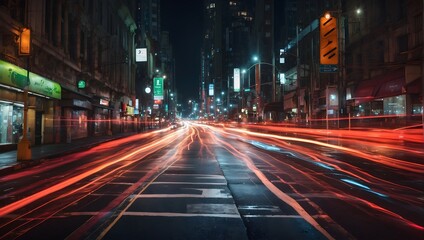 Wall Mural - A dynamic abstract image that captures the essence of urban movement at night, highlighting the flow of traffic lights on a city road through long exposure photography Generative AI