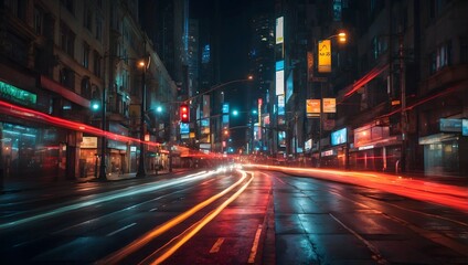 Canvas Print - A dynamic abstract image that captures the essence of urban movement at night, highlighting the flow of traffic lights on a city road through long exposure photography Generative AI