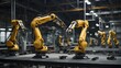 A scene capturing robotic arms in synchronized action within a modern factory setting, underscored by an advanced digital communication system Generative AI