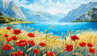 Spring landscape with lake and colorful poppy flowers, Oil paintig banner