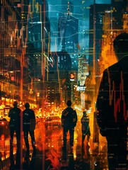 Wall Mural - A painting of a city at night with a man in a suit