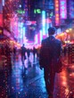 © hakule - A man walks down a street in a city with neon lights and a blurry background