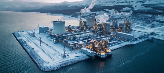 Wall Mural - Gas energy power plant and port at frozen arctic. Generative AI technology.