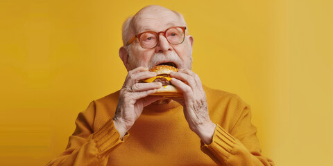 Wall Mural - portrait of a senior man eating delicious hamburger on color background, copy space