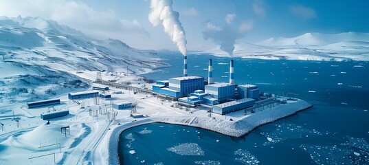 Wall Mural - Gas energy plant industry at arctic sea. Generative AI technology.