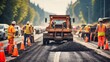 © Haroon - Road construction site bustling with workers as they lay hot asphalt and gravel, focusing on teamwork for road repairs Generative AI