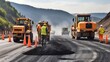 Road construction site bustling with workers as they lay hot asphalt and gravel, focusing on teamwork for road repairs Generative AI