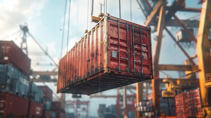 Wall Mural - A shipping container being lifted by a crane ready to be loaded onto a cargo ship signifying the crucial role of ports in connecting the different modes of transportation