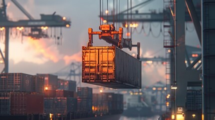 Wall Mural - A shipping container being lifted by a crane ready to be loaded onto a cargo ship signifying the crucial role of ports in connecting the different modes of transportation