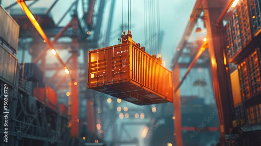 A shipping container being lifted by a crane ready to be loaded onto a ...