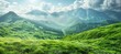 © Hero Design - Green mountains valley panoramic landscape. Generative AI technology.