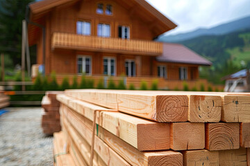 Wall Mural - Close-up of planks with a wooden house and mountains on background