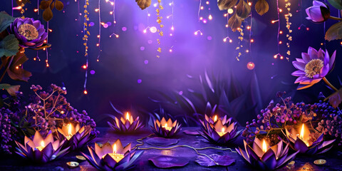Wall Mural - meditation for diwali with purple lotus flowers, Diwali  holiday, festive banner