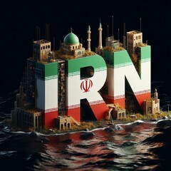 Wall Mural - Iranian flag incorporated with I, R, N letters and city skyline, logo design concept