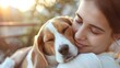 Sunlight warms a grinning young woman in white as she cuddles her joyful beagle. The dog's eyes crinkle shut in a happy embrace, sharing a perfect moment on a sun-drenched terrace