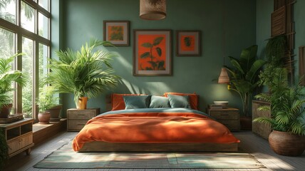 Wall Mural - Modern Bedroom Interior with Forest View and Vibrant Orange Accents