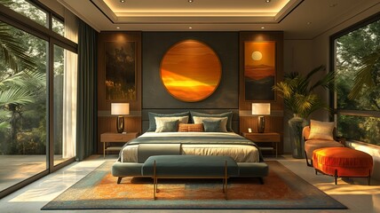 Wall Mural - Modern Bedroom Interior with Forest View and Vibrant Orange Accents