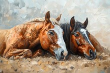 Classic Strong Brush Stole Painting, With Two Horses, Sleeping, Laying Down, Snuggling And Cuddling, Putting Head Together